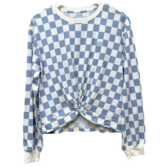 Vans Checkerboard Long Sleeve Tee Small Light Blue Twist Front Womens Top - Picture 2 of 13